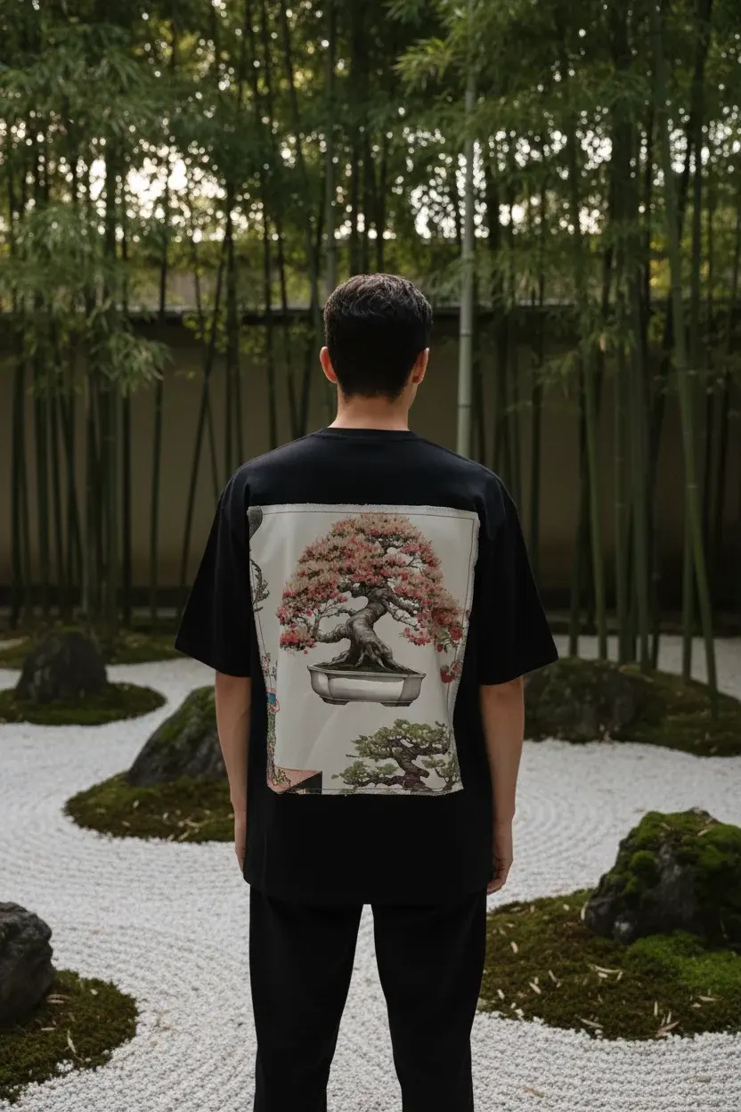 Ragazzo di spalle in un giardino zen con la t-shirt Bonsai