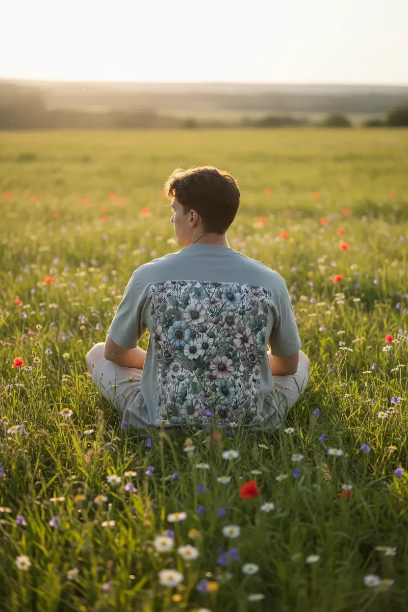 Ragazzo seduto in un prato fiorito con la t-shirt a fiori