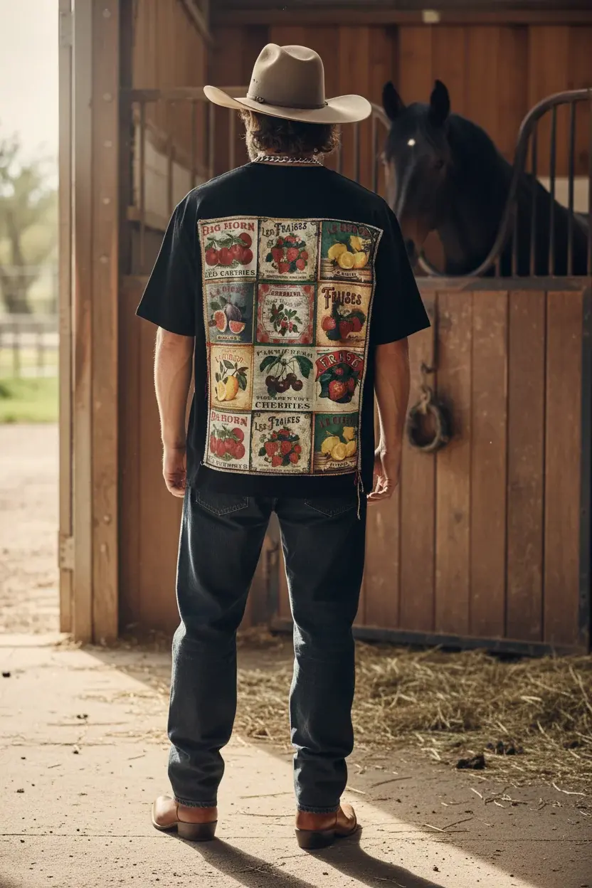 Uomo con cappello da cowboy e la t-shirt con etichette di frutta vintage, davanti a un cavallo
